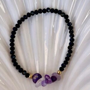 Amethyst & Black Glass Beaded Bracelet New!